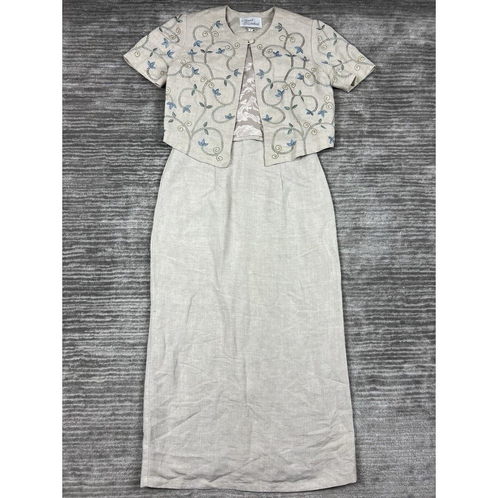 Sarah Elizabeth 2Pc Jacket &‎ Dress Womens 6 Beige Embroidered Linen Blend
